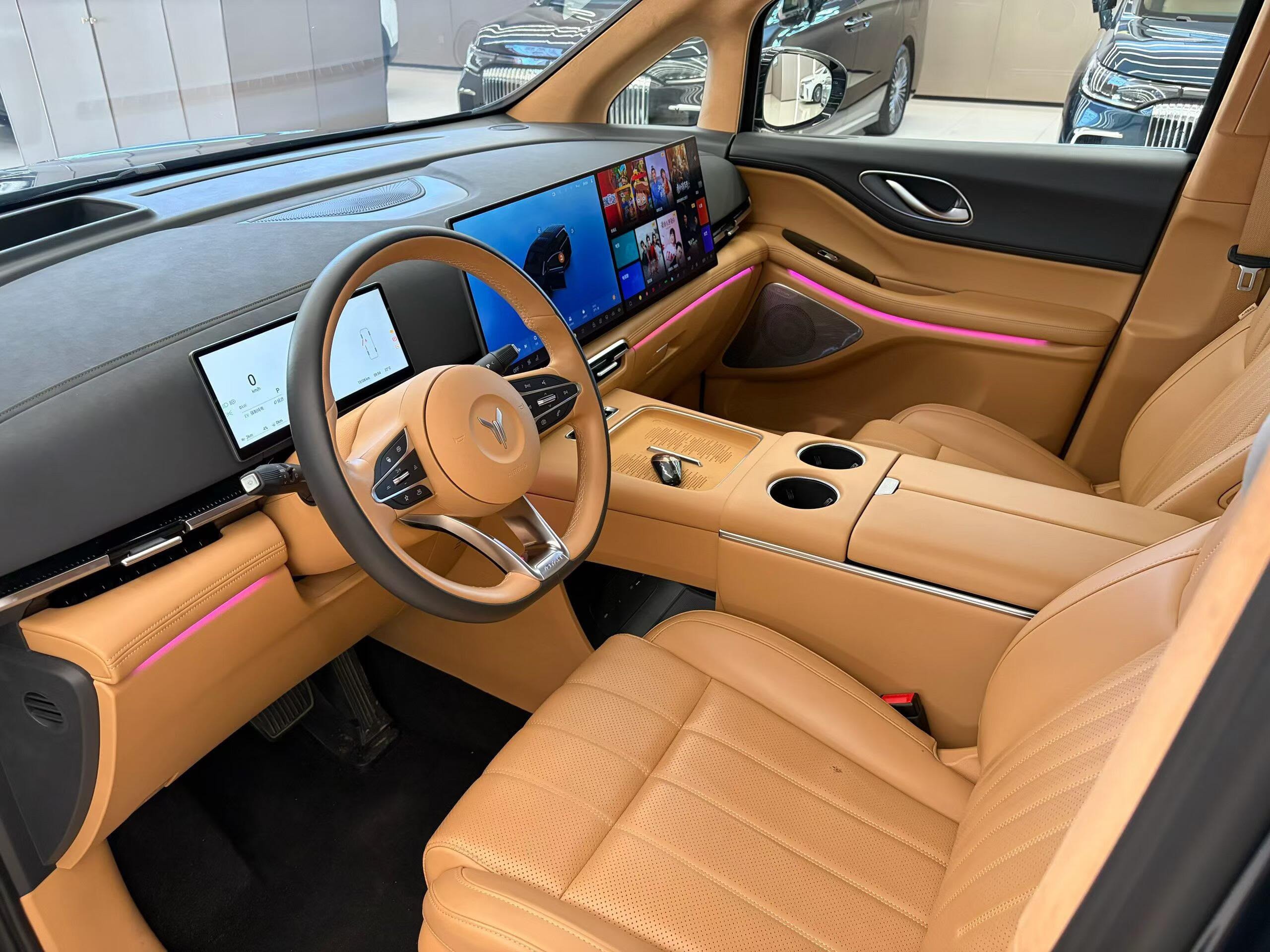 Voyah Dreamer cockpit with tan leather and dual screens